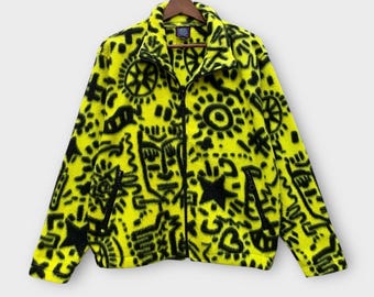 Vintage Sun Body Fleece Jacket Yellow Black Abstract Print Streetwear Fashion / Size S