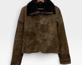 Vintage Original Shearling Fur Jacket Patcwork Two Pocket Long Sleeve Vintage 90s Brown Leather Made In Italy , Lampo Zipper / Size S