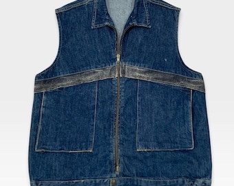 Vintage 1980s Middy British Raj Blue Denim Utility Vest Blue Jean Sleeveless Jacket  / Motorcycle Vest / Biker Vest / Size M