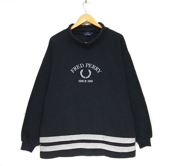 Fred Perry, Vintage 1990s Fred Perry Turtleneck Long Sleeve Sweatshirt Embroidered Big Logo Men Clothing / Streetwear / Sportswear / L