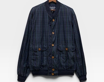 Vintage 1980s Peter Hadley Jacket Plaid Cotton Bomber, Vintage Classic Casual Jacket Navy Blue Checkered Made In Italy  / Size L