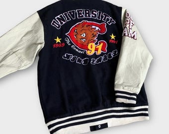 Chaqueta universitaria de cuero y lana Conart 91 University, chaqueta bomber de lana con logotipo bordado / Talla L