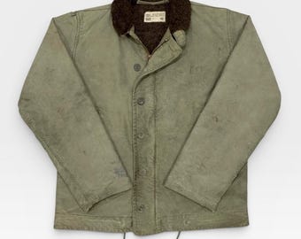 RARE! Vintage USN N-1 Deck Jacket 1940s WWII Military Navy Alpaca Lined Olive Green Distressed Jacket Zipper Talon / True Vintage / Size M