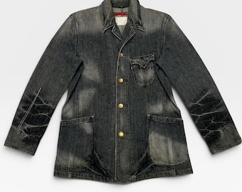 Vintage Distressed Levi’s Redloop Jeans Jacket, Black Washed Chore denim jacket Made In Japan / Size M