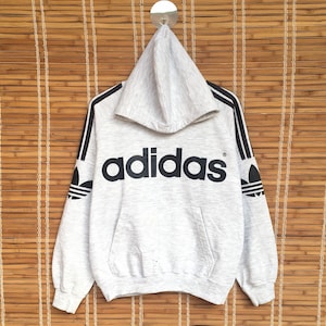 Vintage 90s Adidas  Hoodie Long Sleeve Sweatshirt Big Logo Light Grey Colour Vintage Men Clothing / Hip Hop Style / Swag / S