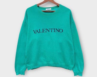 Sudadera vintage de los 90 de Valentino Swimwear con cuello redondo y manga larga, logo bordado, color verde turquesa, hecha en Italia / Diseñador / Holgada