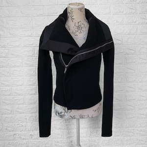 RICK OWENS Wool Biker Jacket – Sheepskin Shoulder – Made in Italy – Avant-Garde Asymmetric Zip Black Jacket / XS