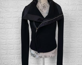 RICK OWENS Wool Biker Jacket – Sheepskin Shoulder – Made in Italy – Avant-Garde Asymmetric Zip Black Jacket / XS