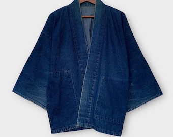 Vintage Selvedge Indigo Kimono Jacket - Japanese Noragi Style Haori Unisex Open Front - Yukata Japanese Traditional Kimono Blue Jean