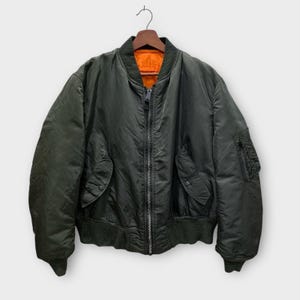 Vintage 1990s MA-1 Flight Bomber Jacket - USAF Alpha Industries Nylon - Green Reversible Military Jacket / M