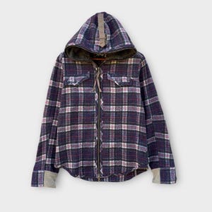 May include: A hooded flannel jacket in a plaid pattern of navy, burgundy, and white. The jacket features a full zipper, two chest pockets, and gray ribbed cuffs. The hood has a tan drawstring and a fuzzy lining.