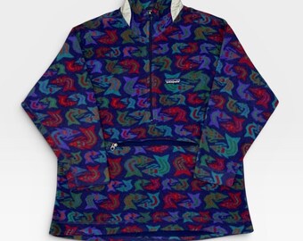 Rare!  Vintage 1997 Patagonia  Colourful Abstract Fish Fleece Half Zipper  Jacket Vintage Classic Patagonia 90s Made In Usa / Size S