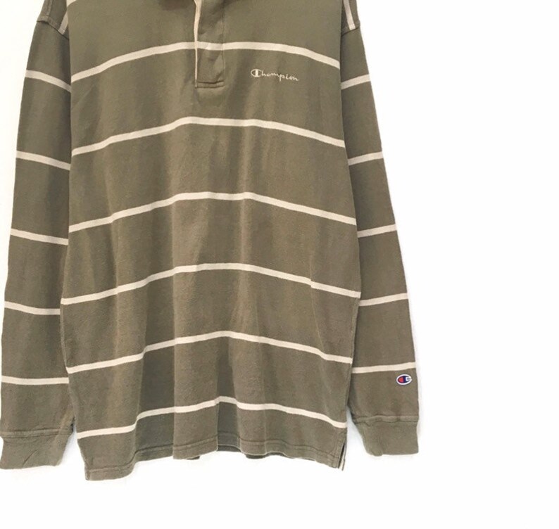 Vintage CHAMPION Embroidered Small Logo Polo Shirt Rugby Long Sleeve Stripe Colour XL Size