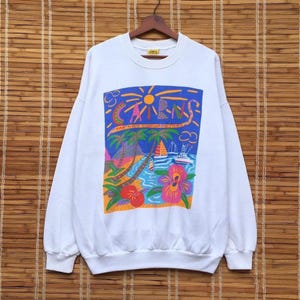Rare! Vintage 1980s Ken Done Cairns Crewneck Long Sleeve Sweatshirt Big Print Design Pop Art Vintage Clothing / Australia Designer /Large
