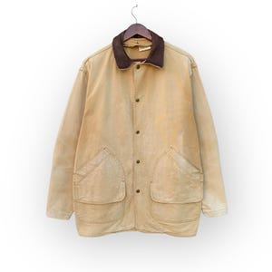 Vintage Faded 1980s Woolrich Chore Jacket + Leather Collar Snap Button Workwear Jacket Streetwear Made In Usa / XL