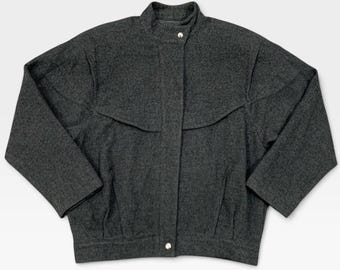 Vintage 1990s Avant Garde Thierry Mugler Edition Wool Jacket Gray Stand Collar Zip Snap Button Vintage Clothing Fashion Designer / Size S