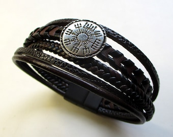 Lederarmband Vegvisir 5-fach Lederbänder Magnetverschluss edle Zierniete Geschenkverpackung