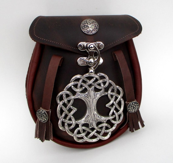 Fine Leather Sporran Kilt Bag Tree of Life With Hook Closure UK