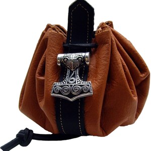 Leather bag Ducat bag Leather pouch Diameter 28 cm Money cat Decorative rivet Thor's hammer Jewelry bag Coin money bag image 3