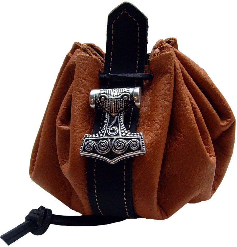 Leather bag Ducat bag Leather pouch Diameter 28 cm Money cat Decorative rivet Thor's hammer Jewelry bag Coin money bag image 3