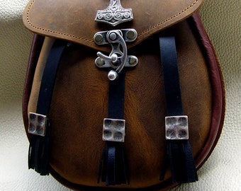 Borsa kilt Sporran borsa in pelle Chiusura con gancio con rivetto decorativo martello di Thor fatto a mano in Germania passante in pelle + gancio