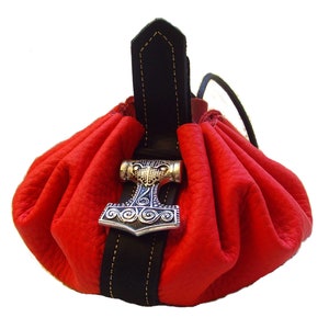 Leather bag Ducat bag Leather pouch Diameter 28 cm Money cat Decorative rivet Thor's hammer Jewelry bag Coin money bag image 4