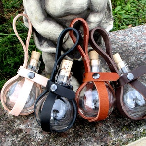 Magic potion bottle with leather belt holder, cork stopper, 200ml snap closure