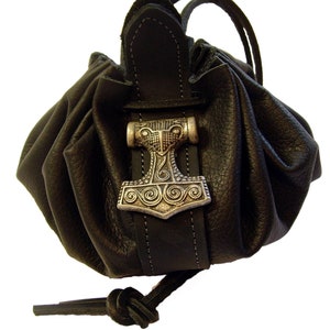 Leather bag Ducat bag Leather pouch Diameter 28 cm Money cat Decorative rivet Thor's hammer Jewelry bag Coin money bag image 1