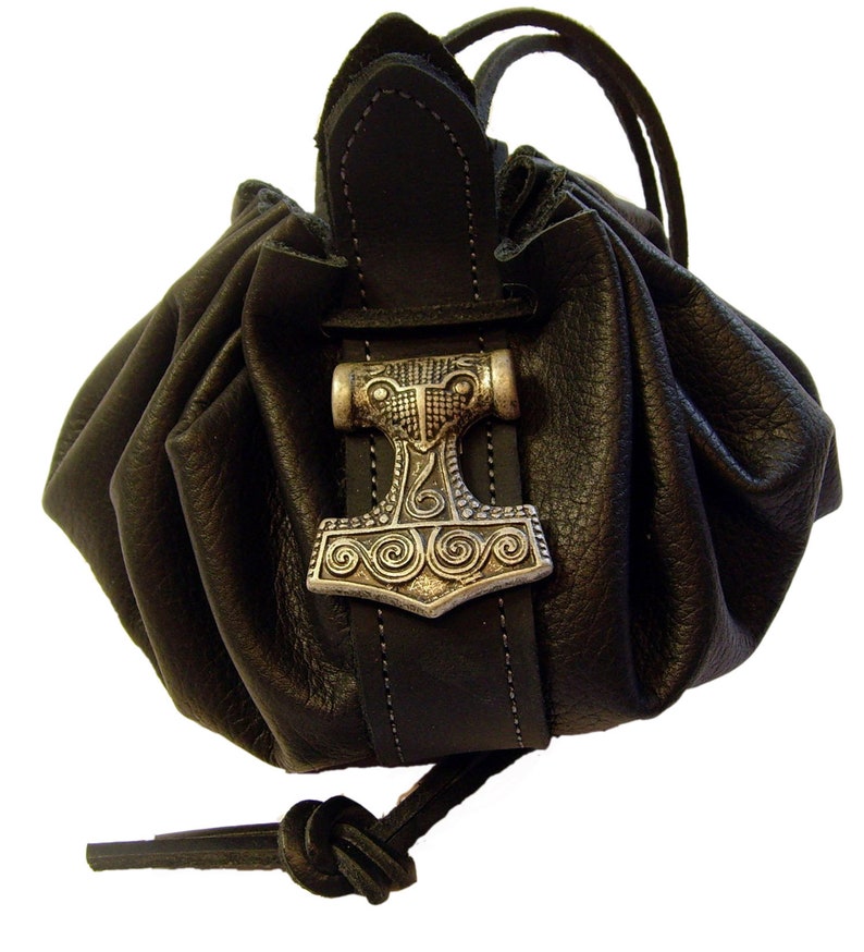 Leather bag Ducat bag Leather pouch Diameter 28 cm Money cat Decorative rivet Thor's hammer Jewelry bag Coin money bag image 1