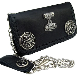 Biker-Wallet Leder-Geldbörse mit Kette und Schlaufe mit Druckknopf Zierbeschlag Thorshammer + Celtic-Knoten ca. 16 x 9 cm