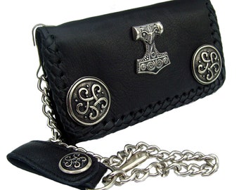Biker-Wallet Leder-Geldbörse mit Kette und Schlaufe mit Druckknopf Zierbeschlag Thorshammer + Celtic-Knoten ca. 16 x 9 cm