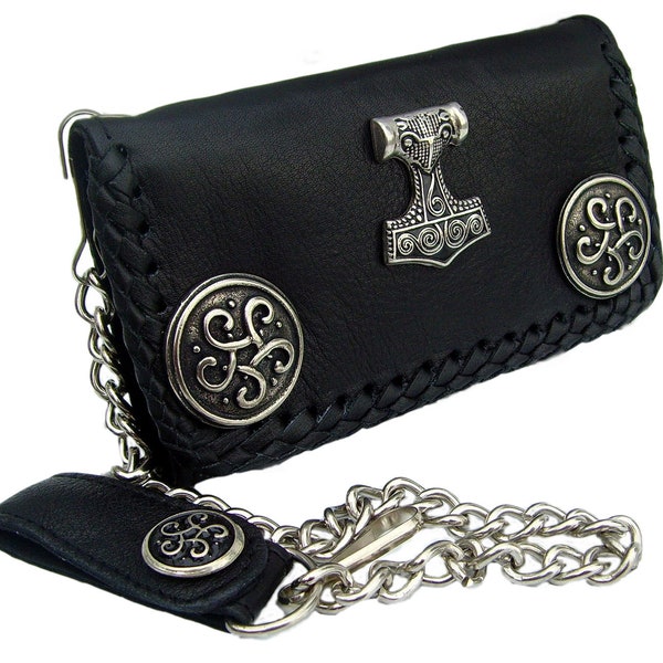 Porte-monnaie motard Porte-monnaie en cuir avec chaîne et boucle avec ferrure décorative à bouton-poussoir Marteau de Thor + noeud celtique environ 16 x 9 cm