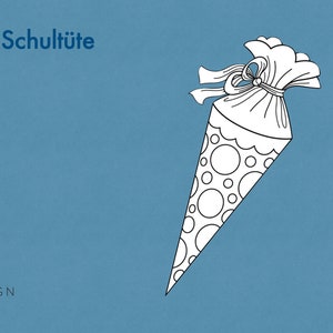 May include: A black and white illustration of a school cone with a ribbon and polka dots. The cone is 68 cm tall and 30 cm wide. "Ma&szlig;e der Schult&uuml;te" is written in German at the top of the image.
