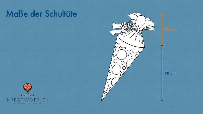 May include: A black and white illustration of a school cone with a ribbon and polka dots. The cone is 68 cm tall and 30 cm wide. "Ma&szlig;e der Schult&uuml;te" is written in German at the top of the image.