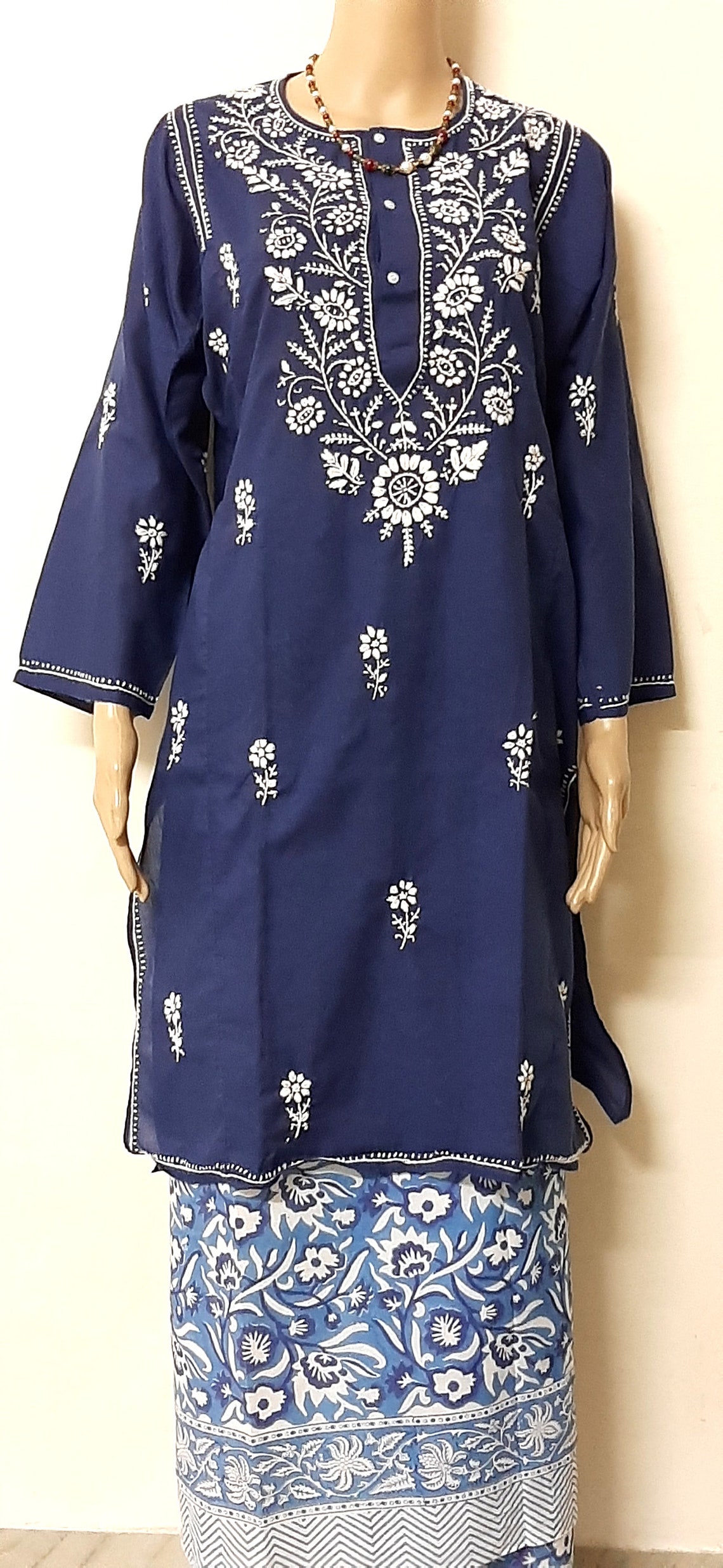 Indian Cotton Kurta Lucknow Hand Embroidery Thread Work Front Etsy