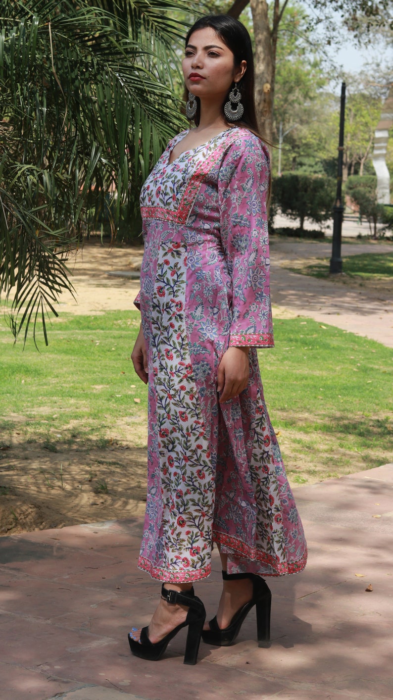 Indian Women Long Cotton Contrast Kurta Caftan Hand BlockPrint Ethnic Anokhi Design Beach Cover up Kimono Robe Vintage Bohemian Summer Dress