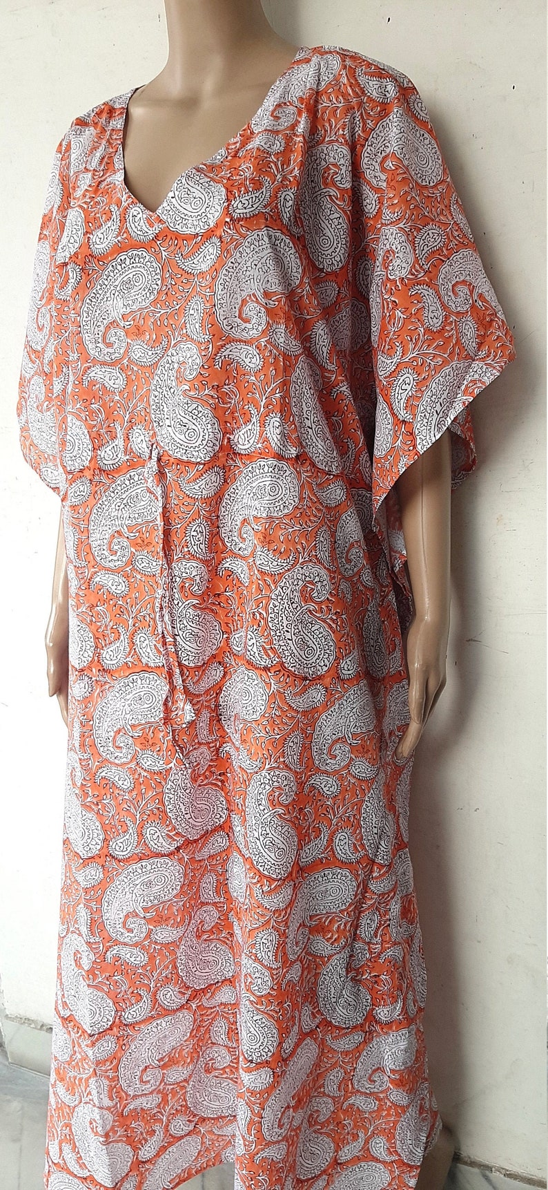 Indian Cotton Women Long Paisley Print Natural Night Tunic Swim Cover Top Kaftan Traditional Design A Line One Plus Size Hobo Kimono Caftan