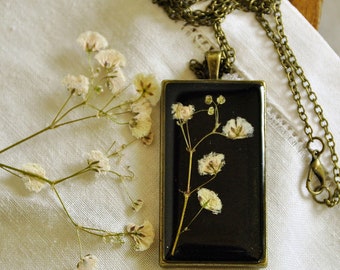 Baby's Breath necklace, Flower necklace, Resin necklace, Botanic necklace, Black and white necklace, Gift from Slovenia, Gypsophila necklace