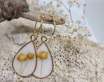 Real Flax resin earrings, Flax Linseed earrings, White dangling earrings, Wedding earrings, Freedom earrings, Golden earrings