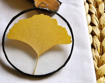 Pressed Gingko leaf frame, Round Gingko frame, Golden Yellow Gingko, Golden frame, Round herbarium frame, Real gingko decor, from Slovenia