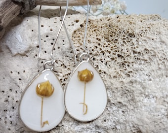 Real Flax resin earrings, Flax Linseed earrings, White dangling earrings, Wedding earrings, Freedom earrings, 3d flower earrings