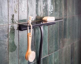 Etagère de douche minimaliste PRI noir avec support pour raclette de douche, noir mat