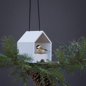 May include: A white house-shaped bird feeder suspended by a black cord. A small black, white, and gray chickadee stands inside the feeder on a pile of seeds. The feeder is surrounded by green pine branches and a large brown pinecone.