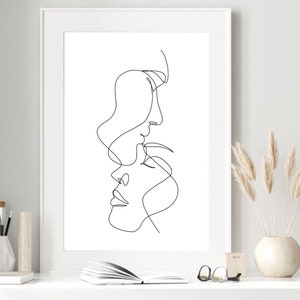 Pärchen Liebe Stirn Kuss | Minimalistische One Line Art, Paar Kunstdruck, Jahrestag Papier Geschenk, Valentinstag Geschenk