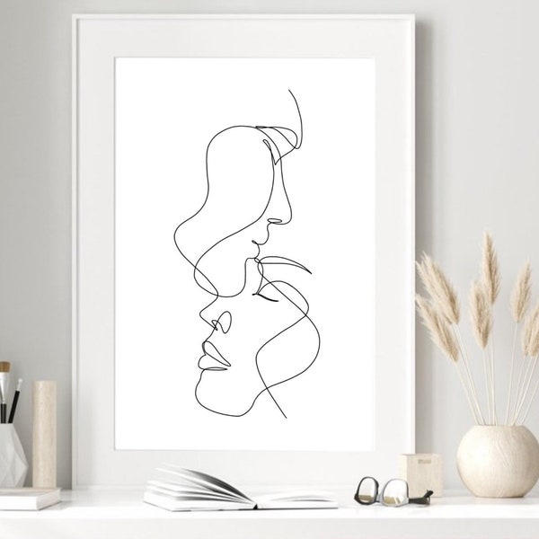 Couple Amour Front Baiser | Minimalist One Single Line Art, Impression d’art de couple, Cadeau en papier anniversaire, Cadeau de Saint-Valentin