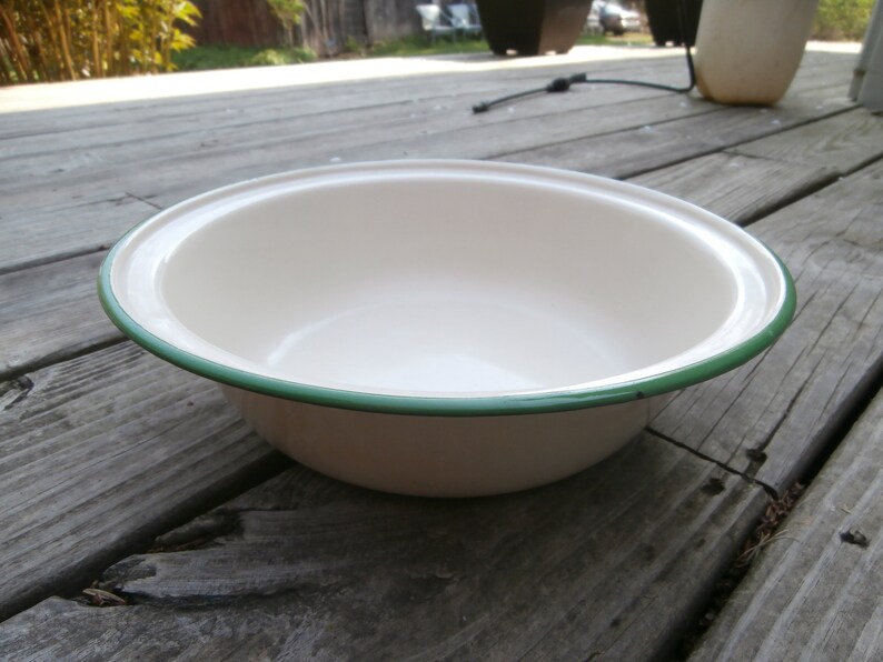 Vintage French Metal Enamelware Green Rim Beige Mixing Serving Bowl