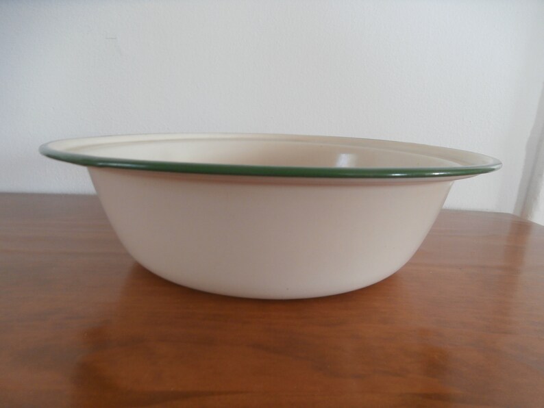 Vintage French Metal Enamelware Green Rim Beige Mixing Serving Bowl