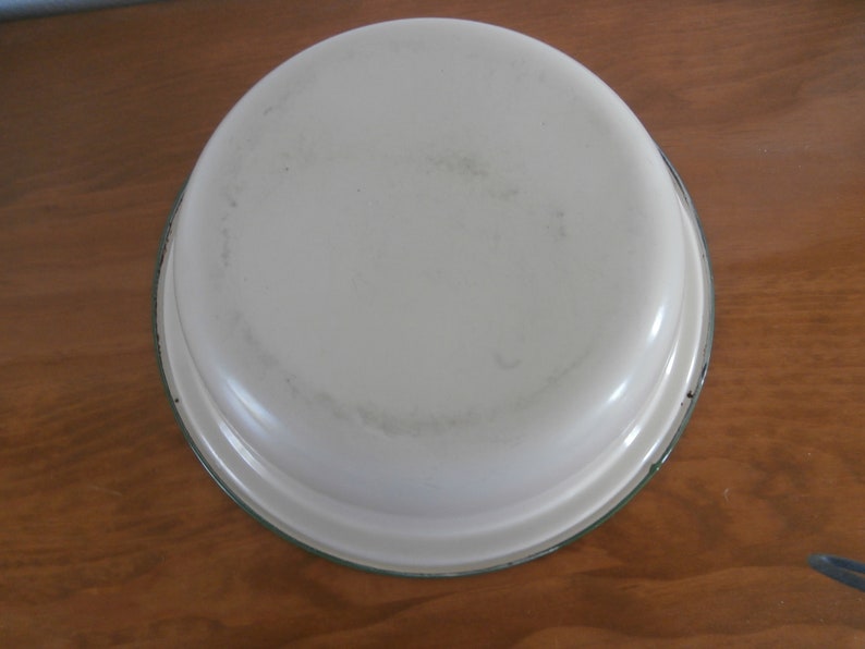 Vintage French Metal Enamelware Green Rim Beige Mixing Serving Bowl