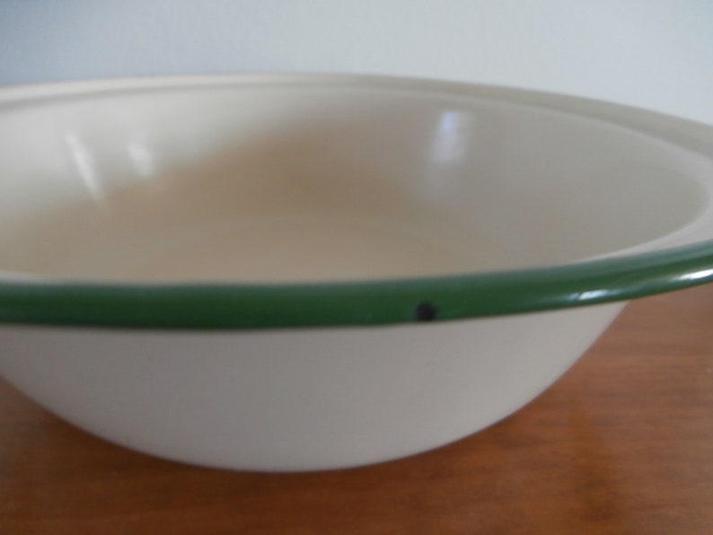 Vintage French Metal Enamelware Green Rim Beige Mixing Serving Bowl