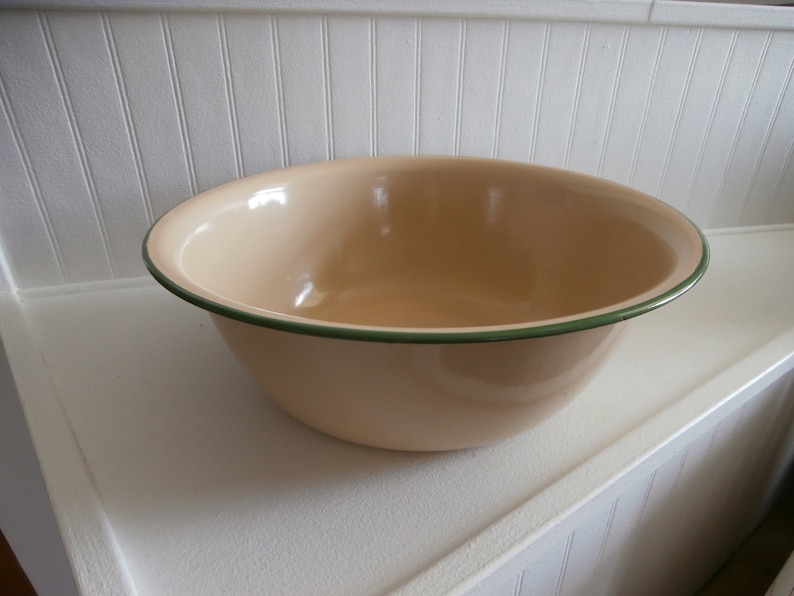 Vintage French Metal Enamelware Green Rim Beige Mixing Serving Bowl